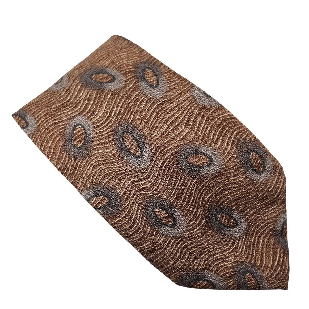 J. Ferrar Brown & Gray Oval Pattern Silk Necktie Made In Italy